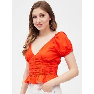 Sim & Sam Paolina Red V-Neck Ruched Peplum Top Open Back Puff Sleeve Cotton XL